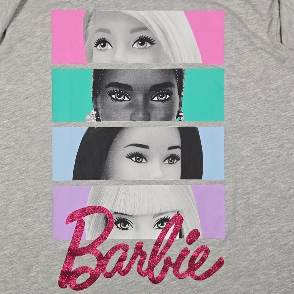 Barbie Graphic T-Shirt Women 3XL Gray Glitter Logo Multi Doll Eyes Y2K Mattel